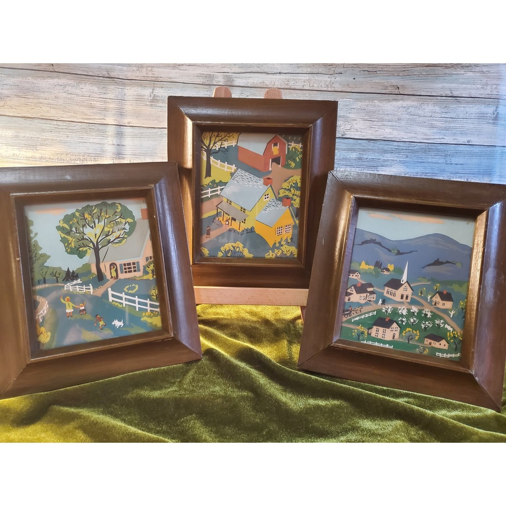 Vintage Folk Art Landscape Framed Prints Set Farm House  Decor Artist Signed